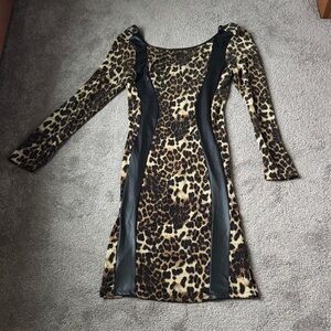 Eien Leopard Animal Print Bodycon Dress Faux Leather Panel Long Sleeve SIZE 1X